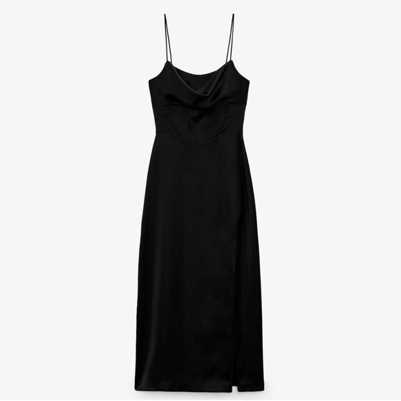 Zara Women’s High Slit Black Satin Corset Midi Dress - Picture 5 of 12